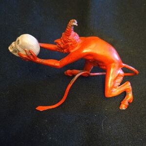 Vintage Red Devil Figurine Holding Skull